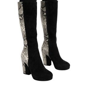 POUR LA VICTOIRE Tall Snakeskin Black Suede Heeled Knee High Boot Size 7.5
